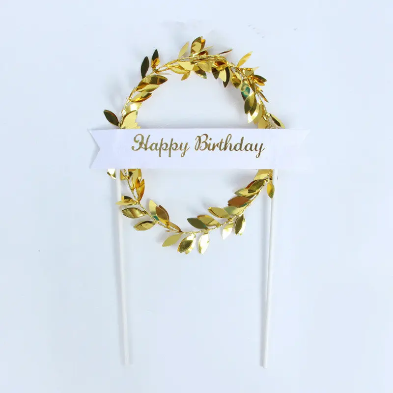 gold happy birthday Чернила с изображением зеленых листьев и венок «С Днем Рождения» «Sweet Love»(«Сладкая любовь»); "торт фигурки жениха и невесты; десерт украшения для День рождения прекрасные подарки - Цвет: gold happy birthday