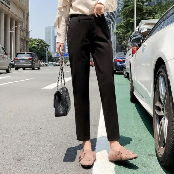 Женские Эластичные шерстяные брюки черные серые шаровары зимние до щиколотки