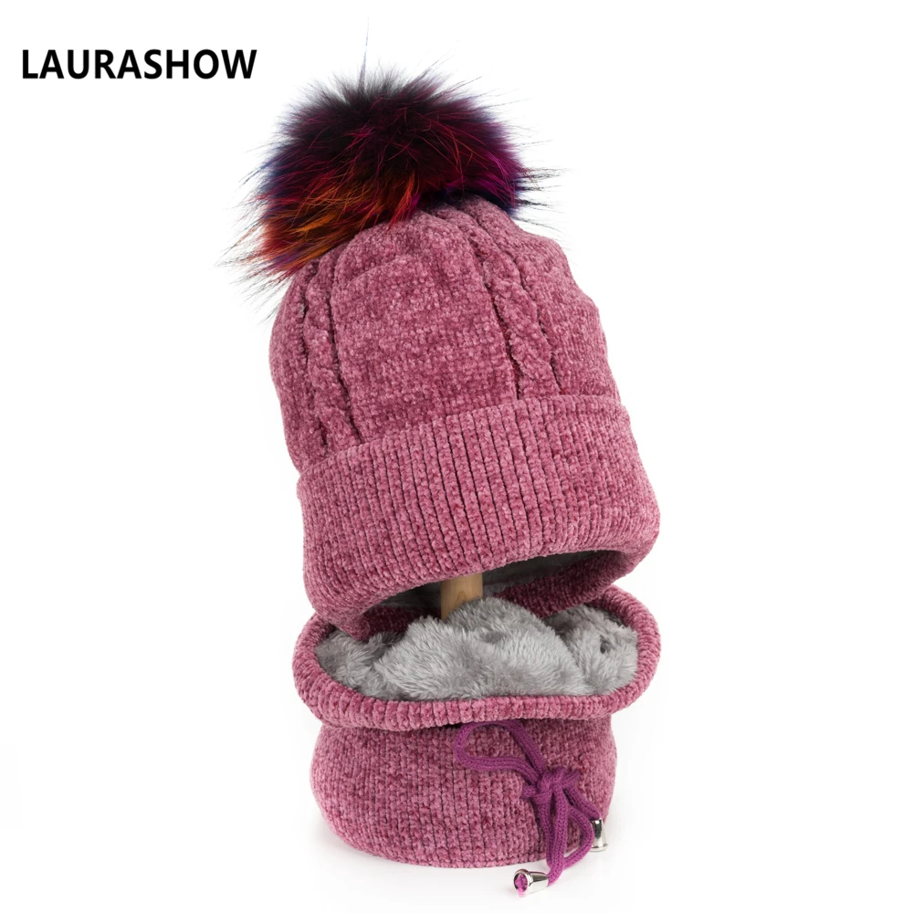 Lavashow 1 комплект для взрослых зимняя шапка с шарфом 15-16 см мяч из натурального меха енота помпоны шапка вязаная шапка Skullies женские шапочки