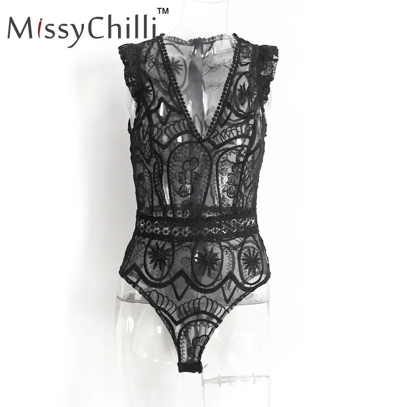 Женское Кружевное боди с вышивкой MissyChilli черное прозрачное Сетчатое v образным