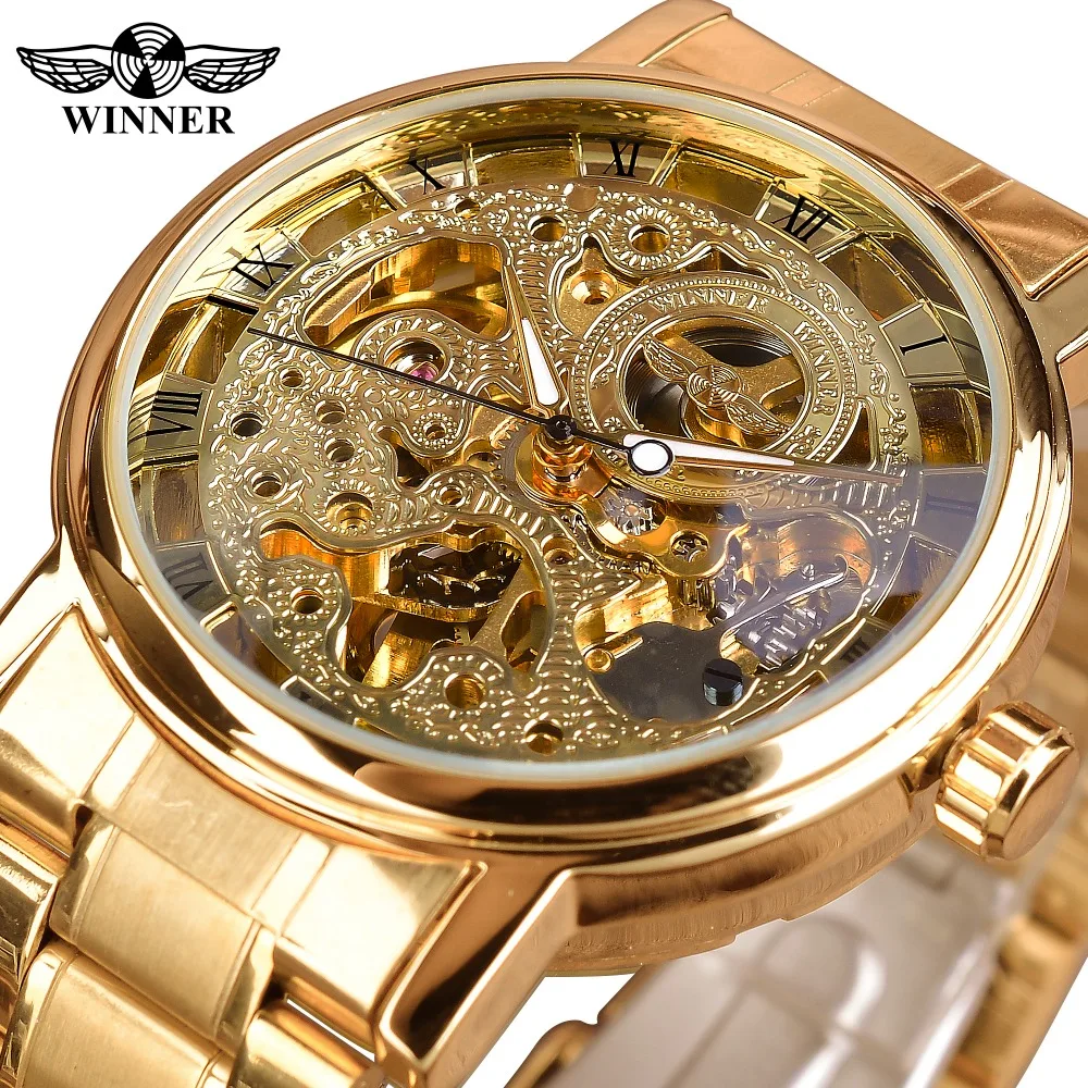 

Winner Luxury Royal Carving Golden Stainless Steel Mens Mechanical Wrist Watch Top Brand Luxury Skeleton Male Clock Montre Homme