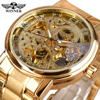 winner luxury royal carving golden stainless steel mens mechanical wrist watch top brand luxury skeleton male clock montre homme