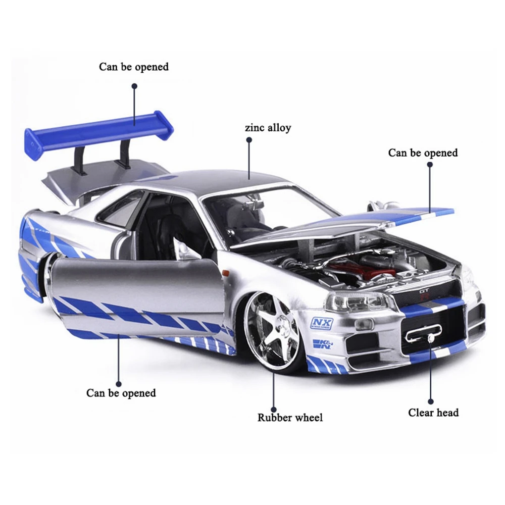 Масштаб 1:24 сплав 2002 Nissan Skyline GTR R34 игрушечные машинки быстрая и яростная литая