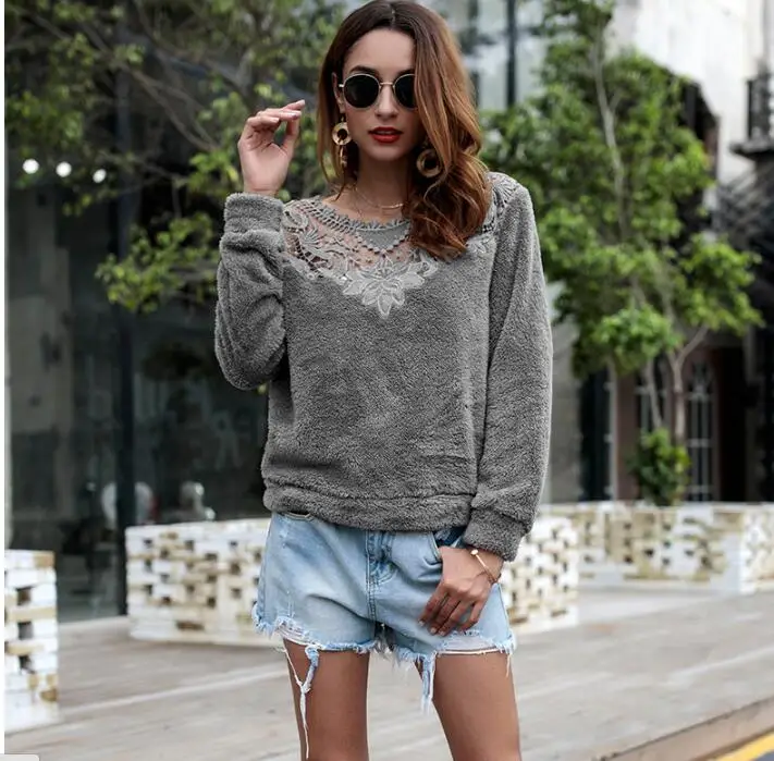 

2021 Casual Lace Patchwork Autumn Winter Sweater Warm Velvet Women Knitted Sweater And Pullovers Full Sleeve Sweaters
