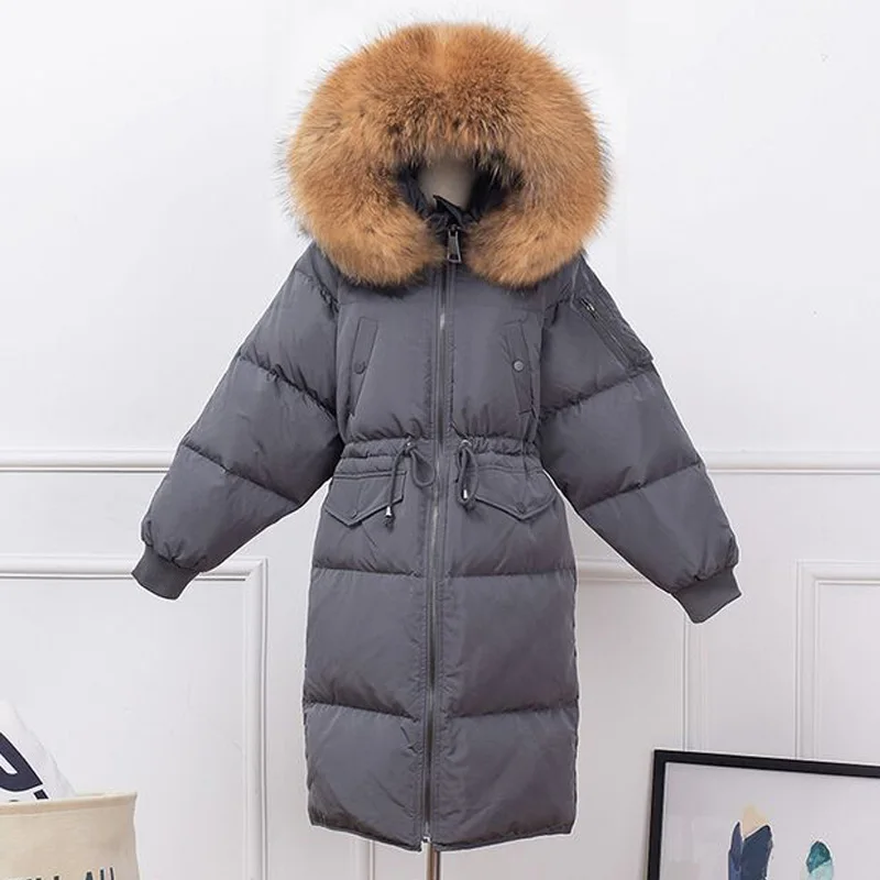 Куртка женская длинная теплая с капюшоном из натурального меха енота|Женские