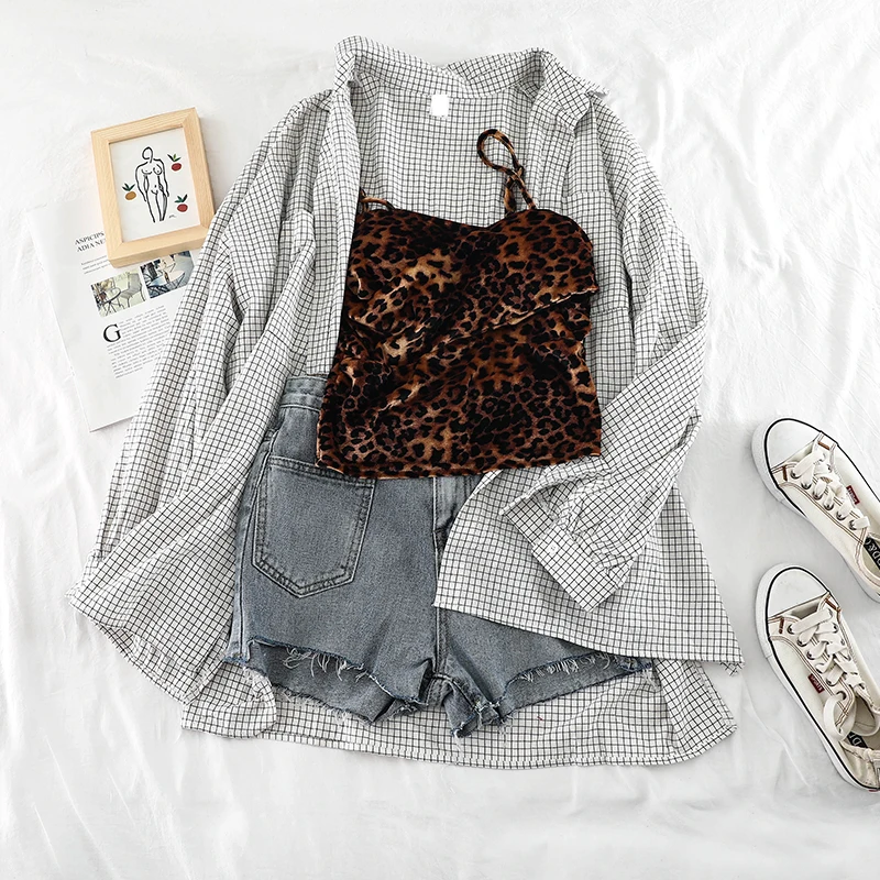 2019 new fashion women's two piece set Cotton plaid shirt sun clothing Leopard gold velvet +denim shorts three-piece female H417 | Женская
