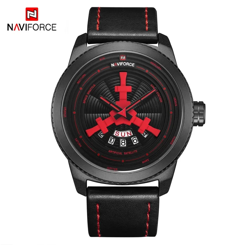 NAVIFORCE Креативные мужские часы Модные Спортивные кварцевые наручные часы мужские кожаные повседневные водонепроницаемые армейские часы мужские часы - Цвет: Black Red