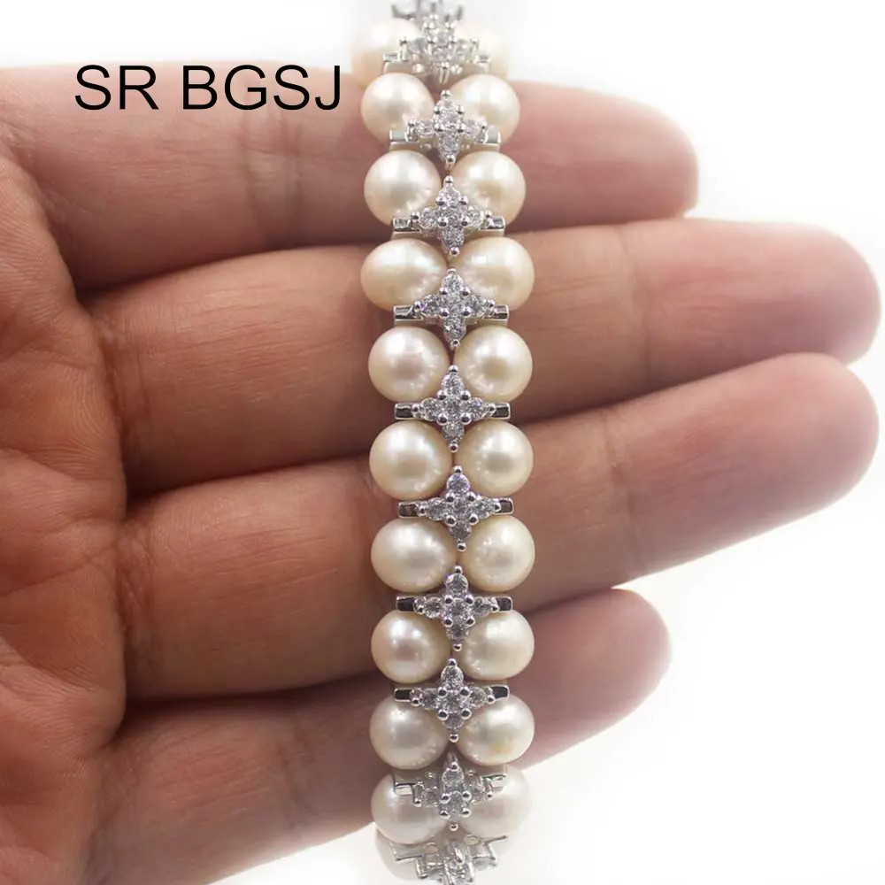 Free Shipping 7-8mm Nearly Round Freshwater Pearl Handmade Girl 2-Strand Stretch Adjustable Bracelet 7&quot | Украшения и