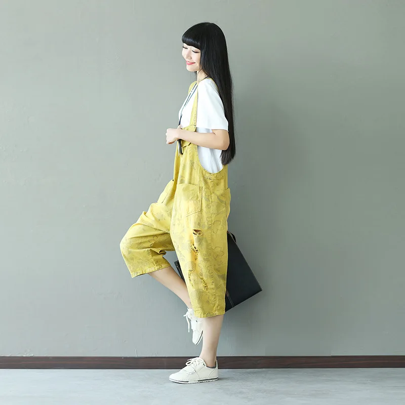 OSOL 2018 New Denim Jumpsuits Pocket Rompers Stripped Loose Women Fashion Casual Overalls Printed old style Japanese |
