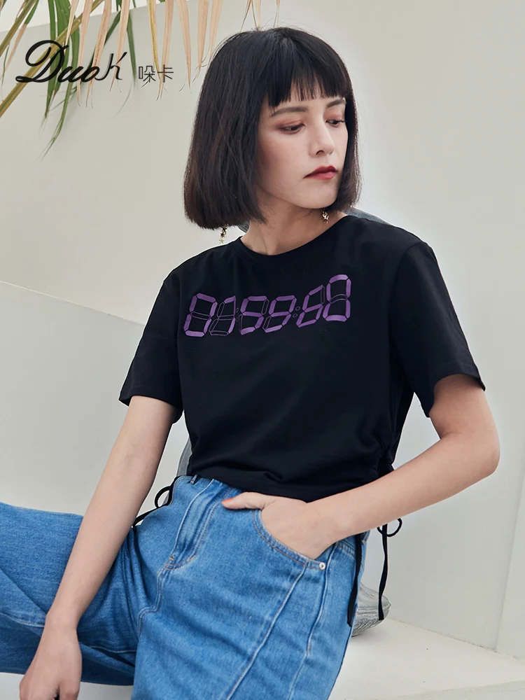 Для женщин укороченный топ черные рубашки с принтом Высокая Талия Side Lace-up Рубашка