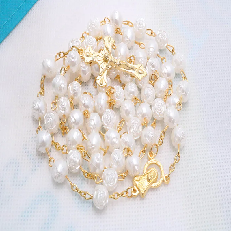 Золотые розовые бусины ожерелье с крестом высококачественное золотыми розовыми