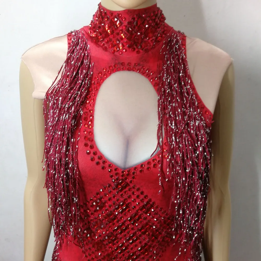 Red Rhinestones Tassels Bodysuit 5 Colors Crystals Sleeveless Skinny Jumpsuit Nightclub Women Sexy DJ DS Costume Dance Wears |