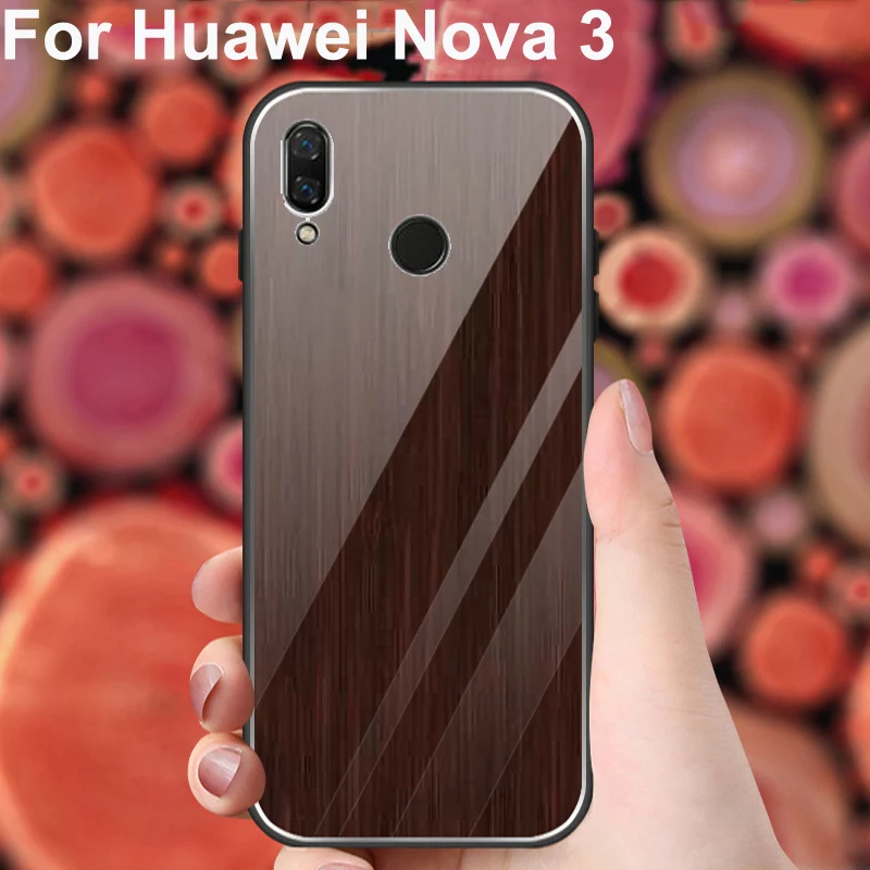 

For Huawei Nova 3 case wood style tempered glass back cover soft silicon frame For Huawei Nova3 case Phone Cases capas coque
