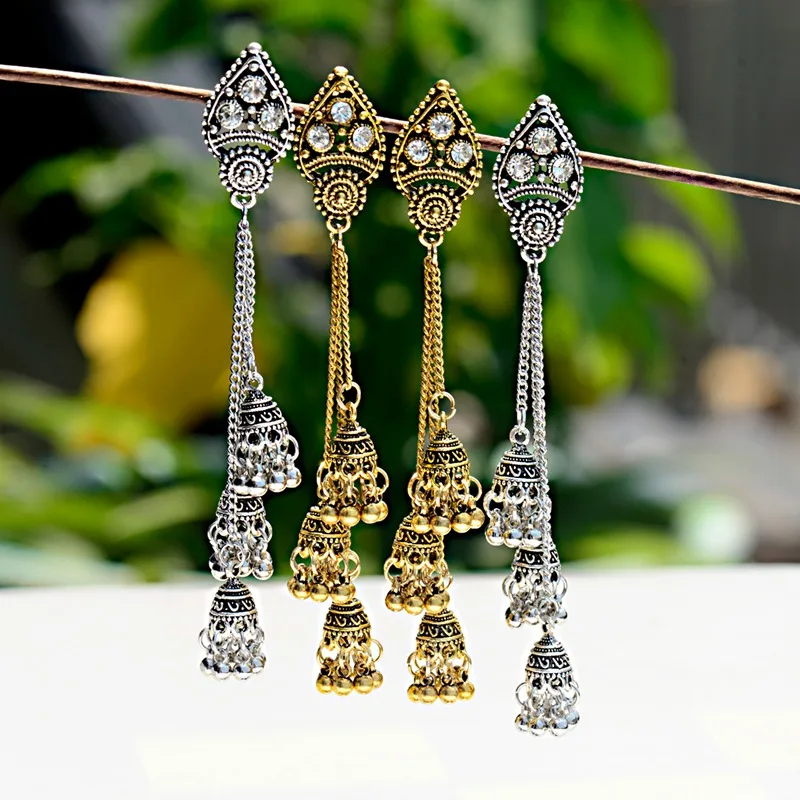 

2020 Women's India Geometric Long Chain Tassel Hanging Dangle Drop Earrings Tibetan Jewelry Bohemia Bell Jhumka Earrings