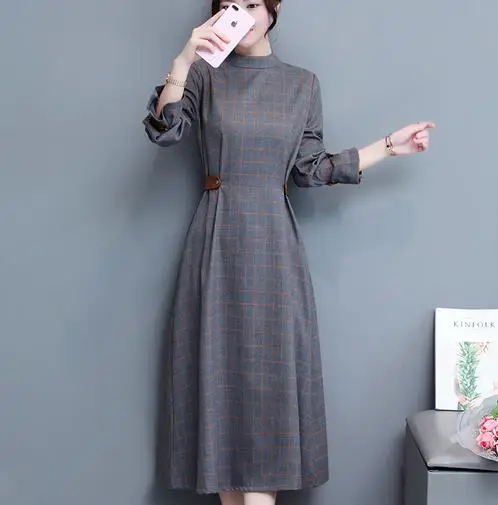 2019 осеннее женское платье в Корейском стиле клетчатое длинное ТРАПЕЦИЕВИДНОЕ