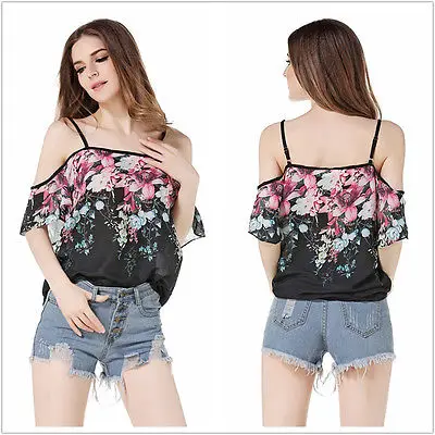 

Fashion Women Ladies Summer Floral Off-Shoulder Casual Blouses Crop Shirt Sleeveless Slash Neck Blusas Hot
