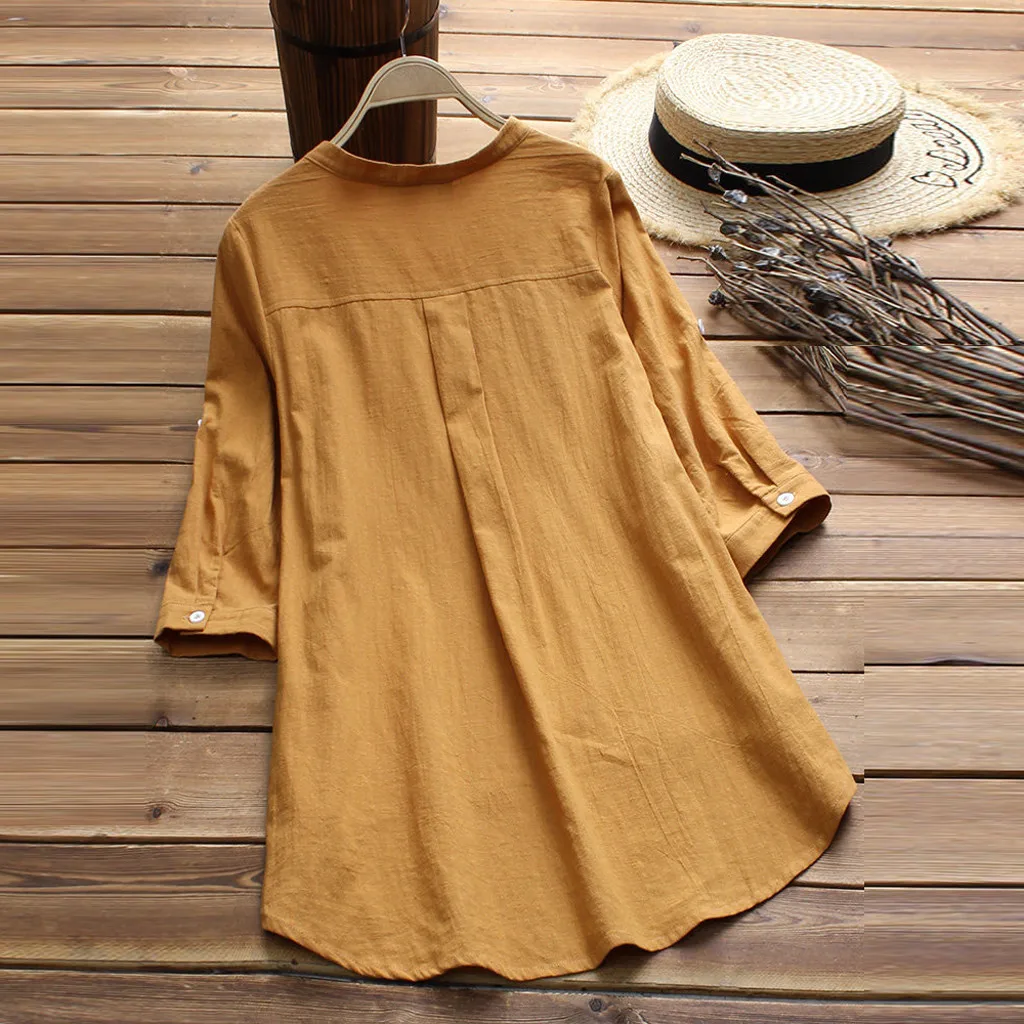 Большие размеры модная однотонная хлопковая льняная блузка Повседневная