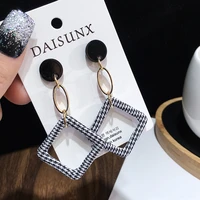 2019 new fashion elegant black and white houndstooth plaid long earrings for women distorted cloth jewelry femme wholesale