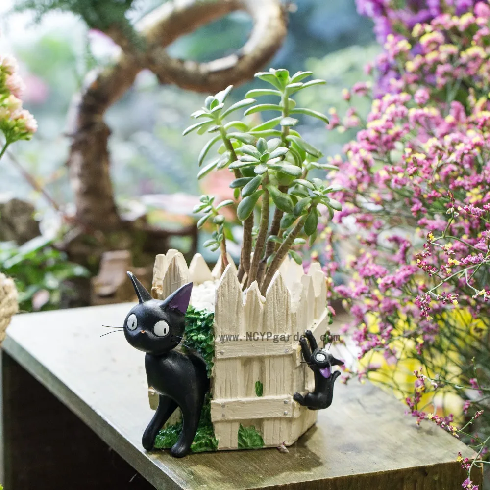 Креативный мультяшный Черный Кот белый забор из смолы кактусы цветочный горшок