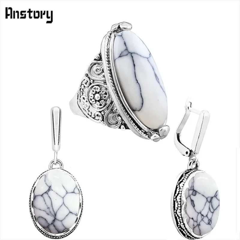 earring ring-White Овальный Природный камень комплект ювелирных изделий колье Цепочки и ожерелья Серьги Кольца для Для женщин полые цветок подвеска Нержавеющая сталь цепи - Окраска металла: earring ring-White
