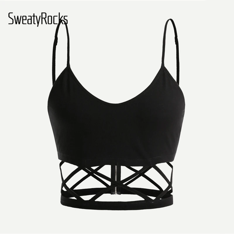 SweatyRocks черный на молнии с вырезом сзади Cami женский жилет крест-накрест простой Спагетти ремень Топ летний топ