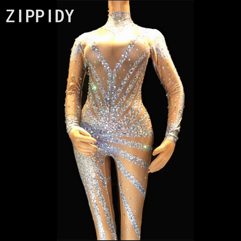 

Glisten Silver Rhinestones Long Sleeve Jumpsuit Prom Party Women's Bodysuit Female Singer Dance Wear Sexy Big Stretch Clothes