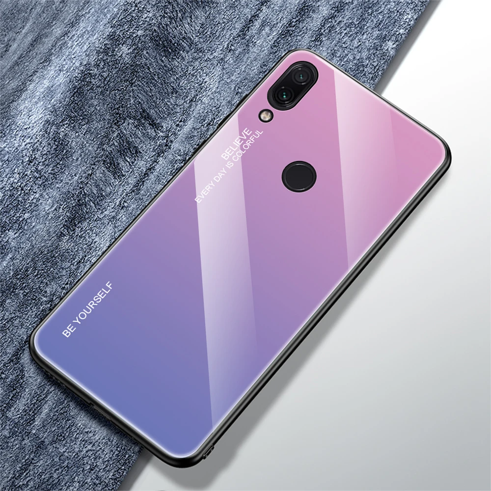 Красочные градиент Стекло чехол для Xiaomi Redmi 7 ТПУ бампер Глянцевая закаленное