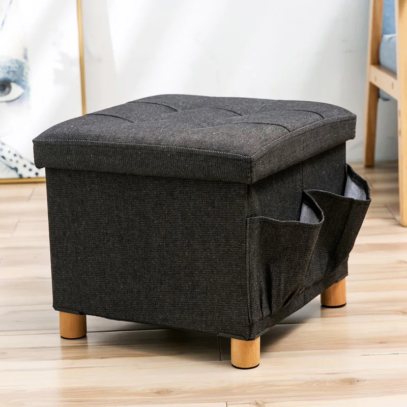 black S Denim fabric ottoman solid wood four feet storage stool fitting room creative slipper side pocket change shoe bench foldable - Цвет: black S