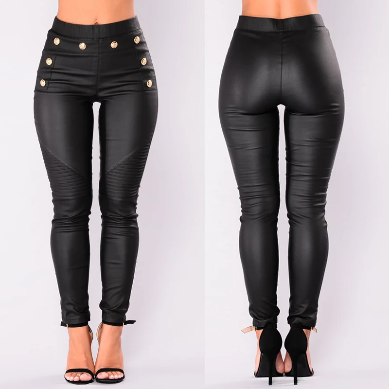 

Elegant Ladies Black Pencil Pants PU Leather Matte Stretch High Waist Pants Elastic Waist Button Trousers For Women 2018 Fashion