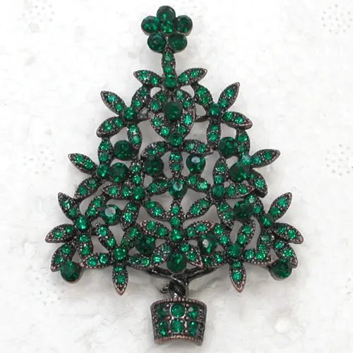 Antique copper Green Rhinestone Christmas tree Pin brooches C428 M3