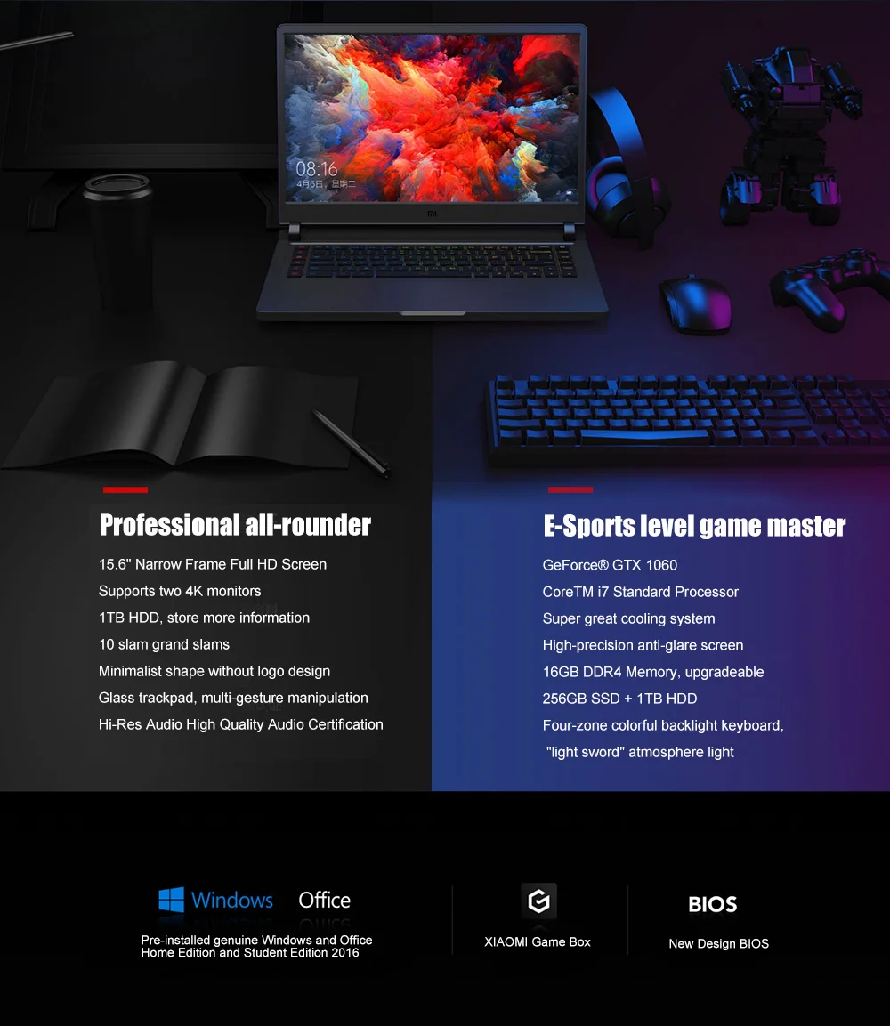 Xiaomi mi ноутбук Ga mi ng 15,6 ''Intel Core i7-8750 Hexa Core 4,1 GHz GTX 1060 16GB 512GB SSD NVIDIA GeForce GTX1060