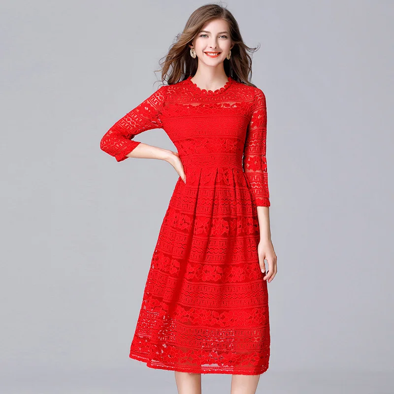 2017 плюс размер 5XL Женские платья осень полые Кружева Осень Зима повседневные