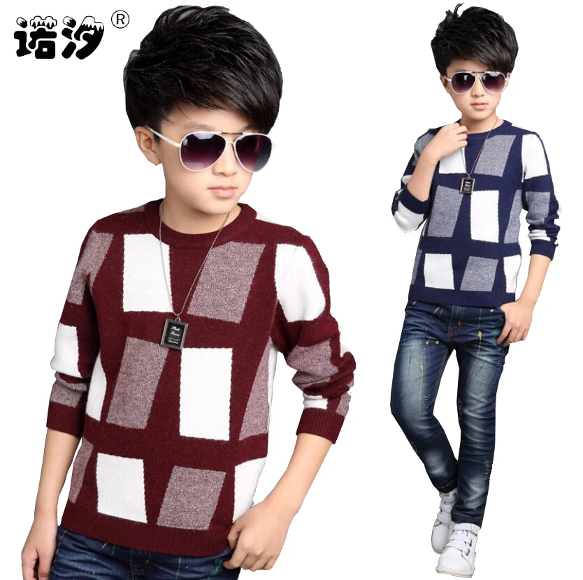 Теплые хлопковые свитера с круглым вырезом для мальчиков осенне зимние вязаные