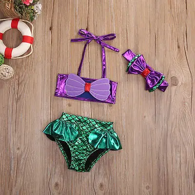 3Pcs Infant Kids Baby Girls Suit purple bandage tops +bowknot headband +green fish scales Briefs Set 0-8Y 2017 hot selling | Детская