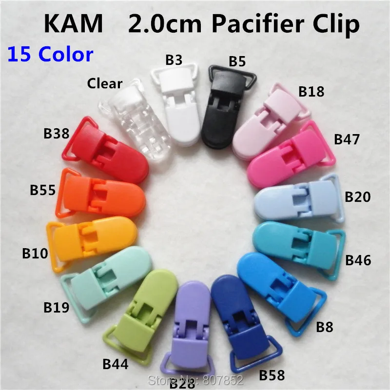 

(15 color mixed) 150pcs/lot 20mm D Shape Kam Plastic Baby Pacifier Dummy Suspender Soother Clips