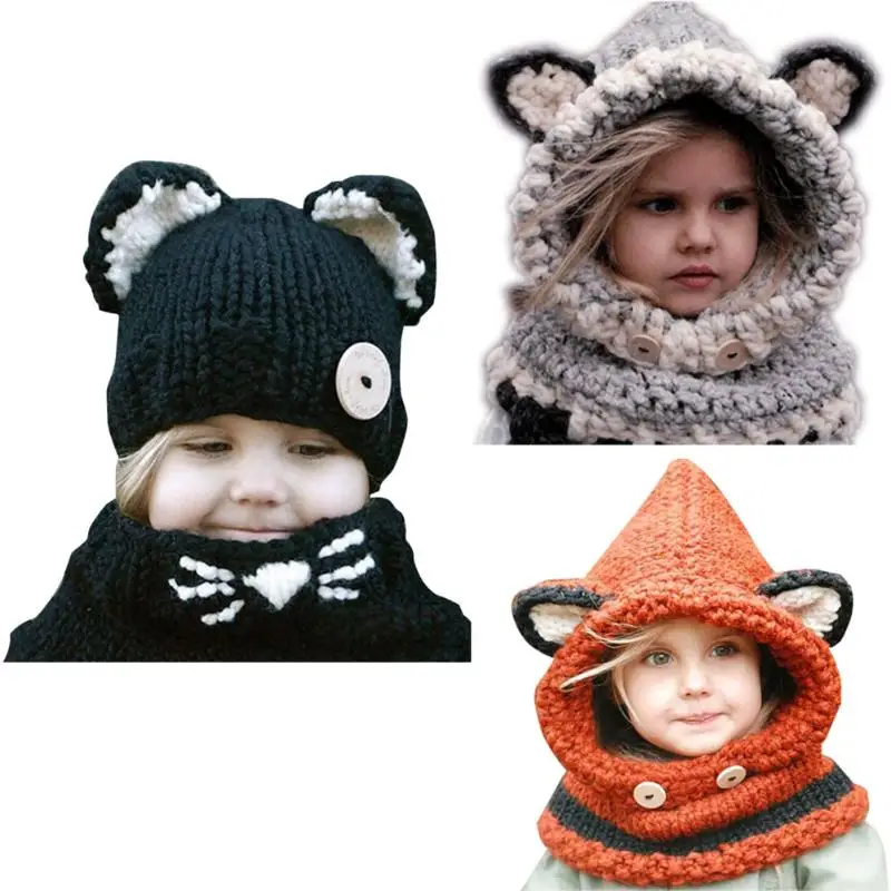 

Baby Velvet Hat Cap Cat Ear Winter Warm Beanie Hat Children Windproof Hat Scarf Boy Girl Handmade Knitted Caps