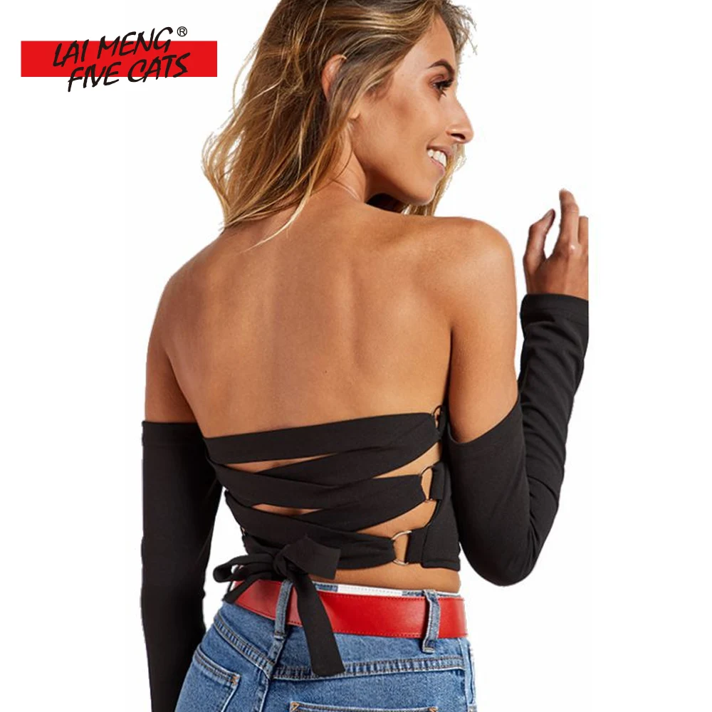 LMFC Slash Neck Cropped t shirt women tees tight Sexy t-shirt Spring Summer 2018 New Fashion Back Cross lace up tops shirts Женская
