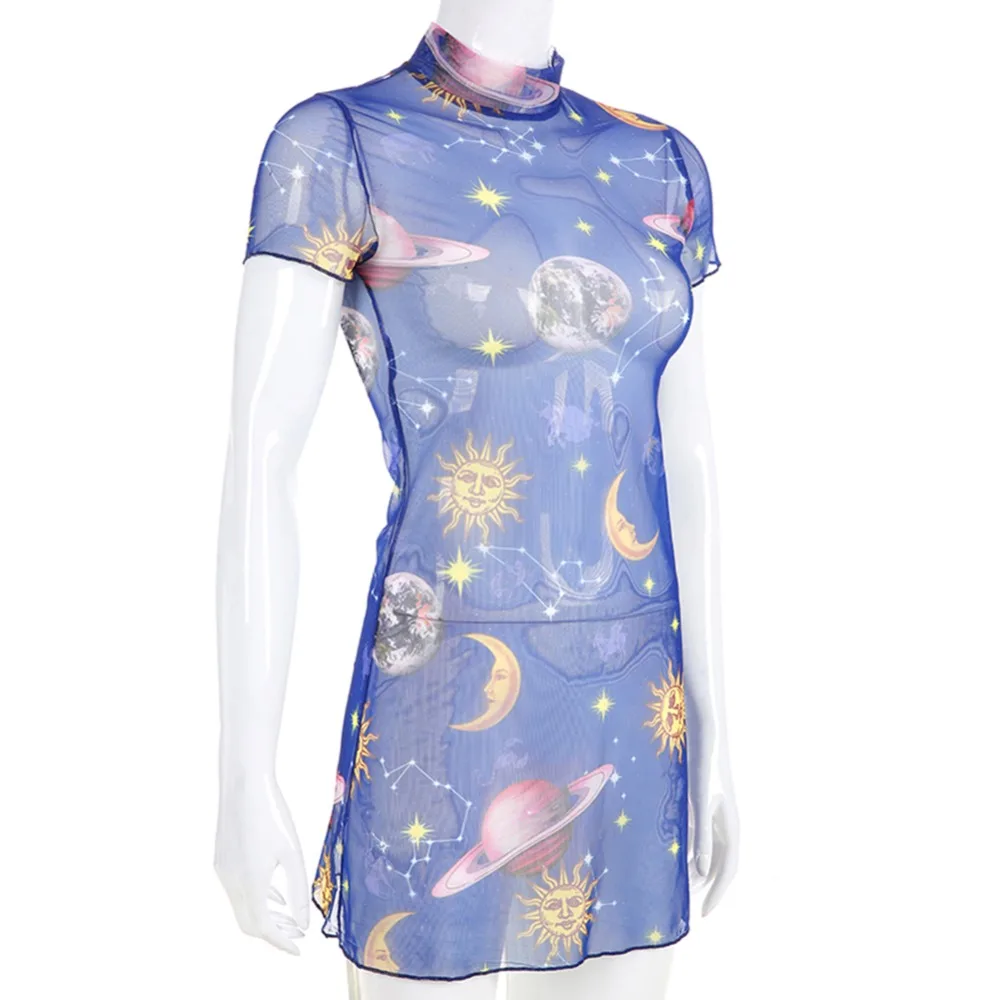 Женское прозрачное Сетчатое сексуальное платье с коротким рукавом и принтом