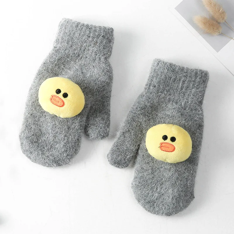 D4 Dark Gray Митенки детские зимние толстые теплые вязаные перчатки с кроличьим мехом для детей от 2 до 6 лет Рождественский милый желтый утенок из мультфильма медведь перчатки из кролика D4 - Цвет: D4 Dark Gray