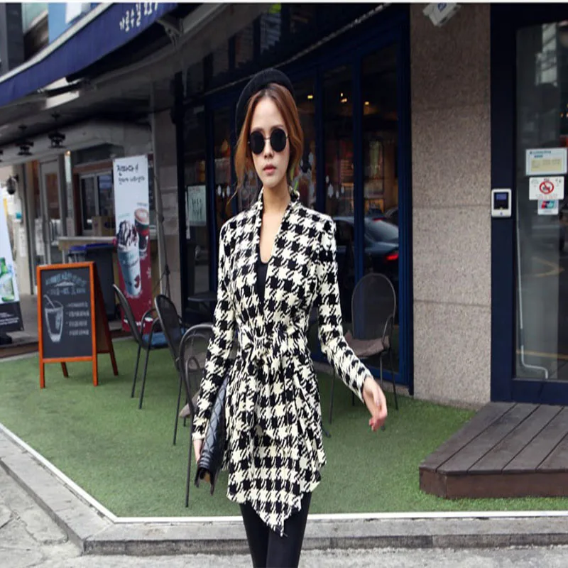 Женские свитера в корейском стиле кардиган с узором гусиные лапки из смесового