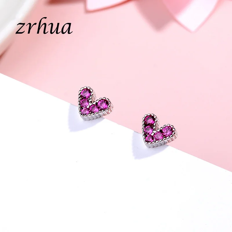 Женские серьги гвоздики в виде сердца с красным фианитом|Серьги-гвоздики| |