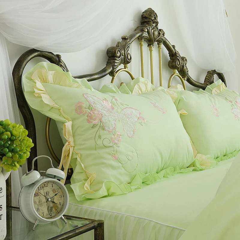 Elegant pastoral bedding set embroidery flower double ruffle douvet cover lace bedspread quality fabric bed sheet home textile | Дом и сад