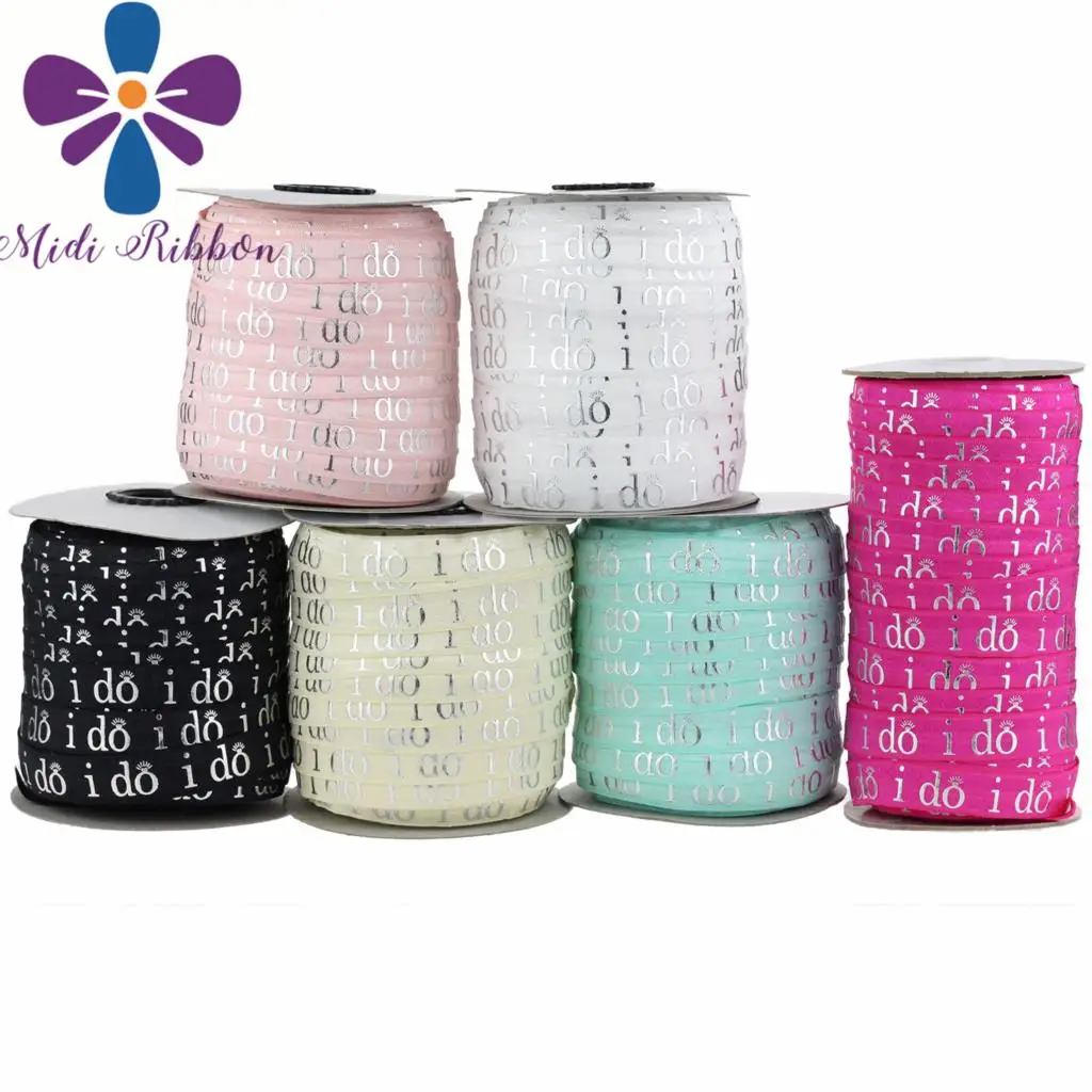 

5/8"16mm "I Do" Patterns Silver Foil Printed Fold Over Elastic Ribbon 50yards/roll Hair Band Making DIY Gift Packing Stuffs