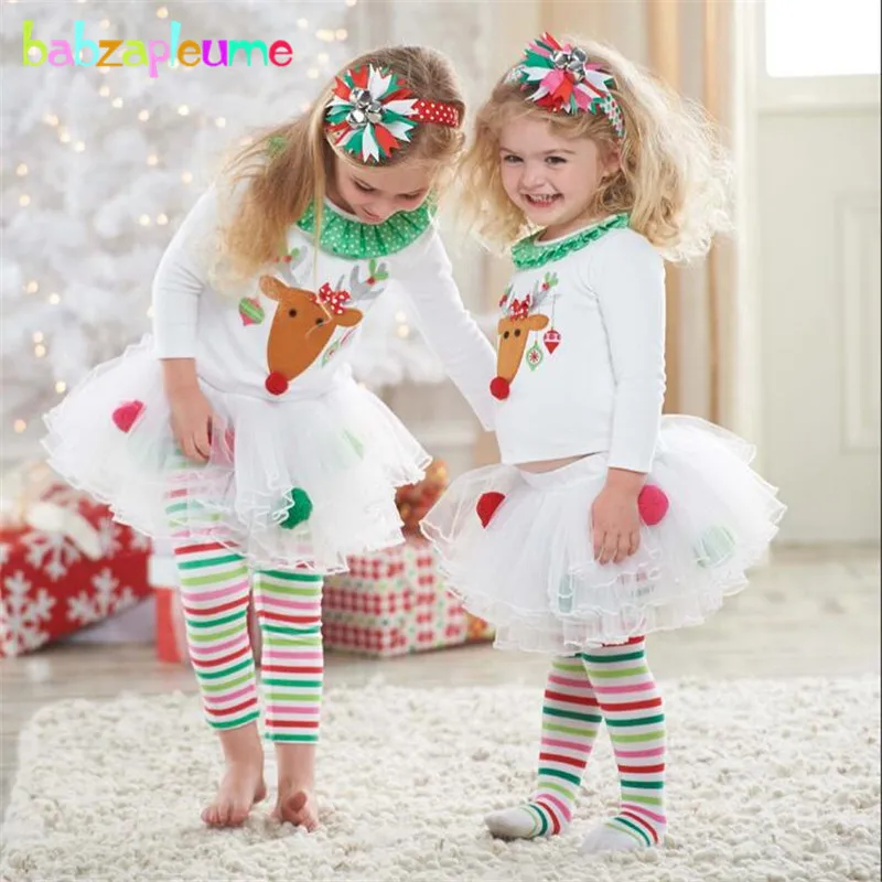 

New Year Baby Girls Clothing set Cartoon Deer Design T-shirt+Legging 2pcs Christmas Costumes Outfits Kids girls Party Dress A037