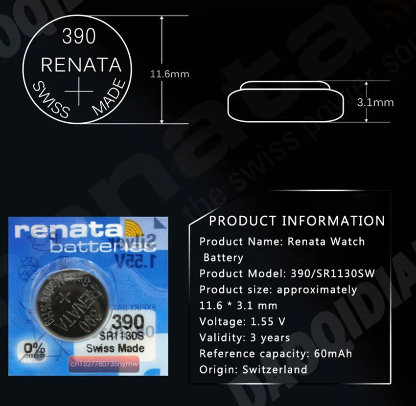 5 шт. розничная Фирменная Новинка Renata длительный 390 SR1130SW 389 LR54 AG10 часы батарейка Кнопка монета ячейка Швейцарский сделано