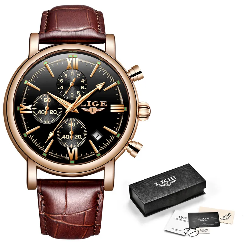 Rose gold black LIGE Бизнес кожа модные водонепроницаемые кварцевые часы для мужчин часы Топ бренд Роскошные мужские часы Дата Relogio Masculino - Цвет: Rose gold black