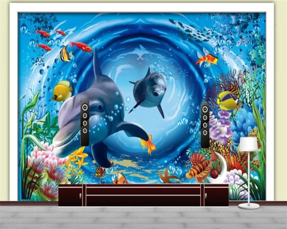 Пользовательские 3d обои 3D подводный мир мультфильм Дельфин Коралловая рыба
