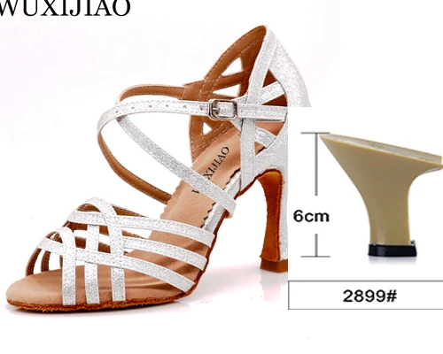 silver heel 6cm WUXIJIAO Women Party Dance Shoes Satin Shining rhinestones Soft Bottom Latin Dance Shoes Woman Salsa Dance Shoes heel5CM-10CM - Цвет: silver heel 6cm