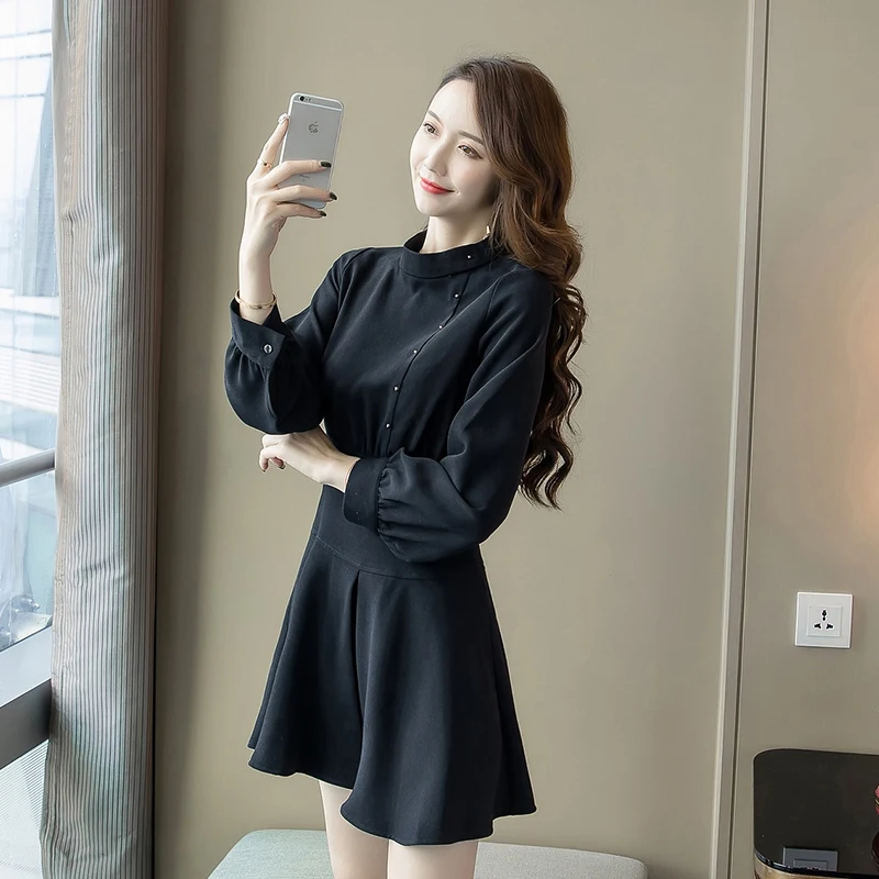 Женское платье с высоким воротом классический дизайн маленькие черные платья