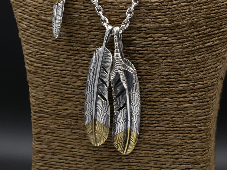 56.9g Solid 925 Sterling Silver Long Necklace Men Vintage Indian Style Gold Eye &amp Claw Feather Charms Designer Jewelry Gifts | Украшения